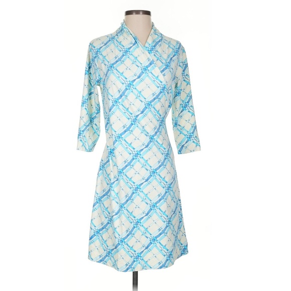J. McLaughlin Sage Sheath Dress Ruched Blue Lattice Rare Colorway $228 Sz XL - Picture 1 of 8